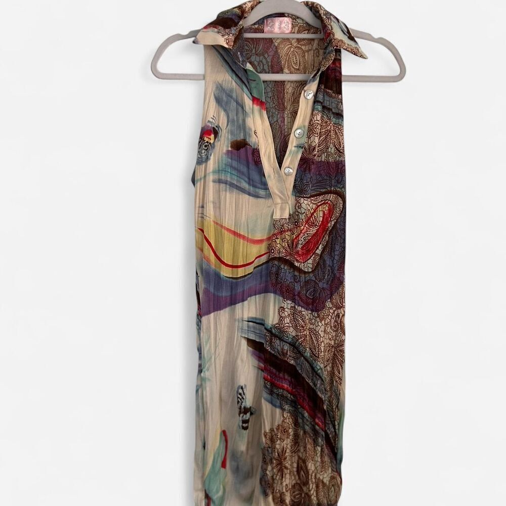 Vintage 2000s unique Sheer Boho Print Dress – Funky Retro Swirl Graphics M - Picture 3 of 9